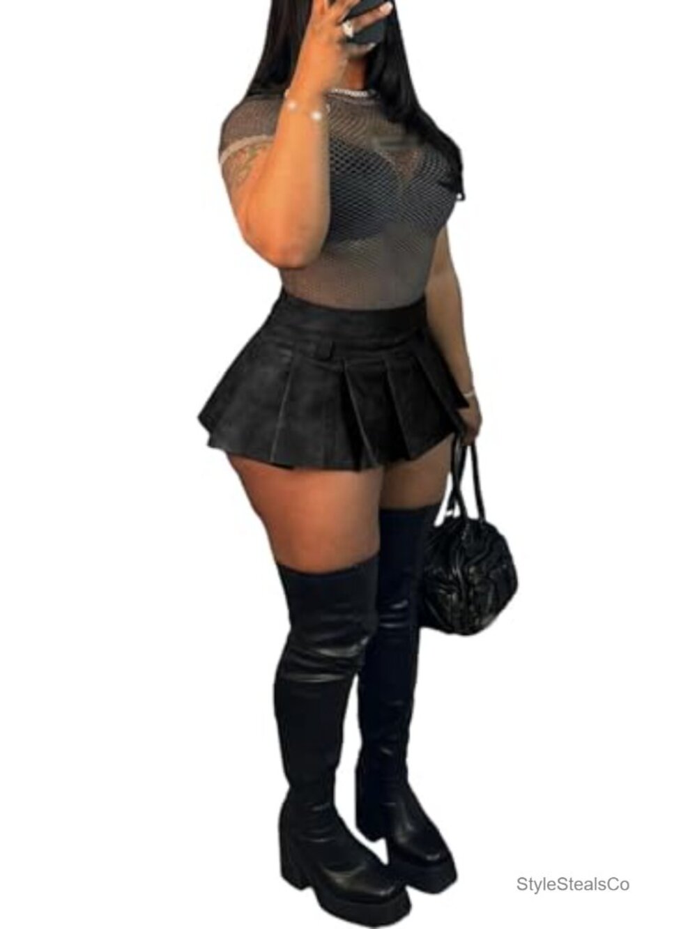 PU Leather Pleated Mini Skirt High Waist A-Line Flared Clubwear - Picture 2 of 5